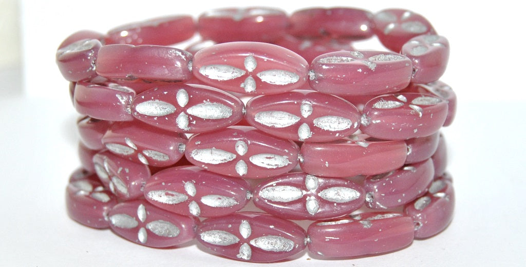 Boat Oval Pressed Glass Beads With Decor, Opal Pink 54201 (71010 54201), Glass, Czech Republic