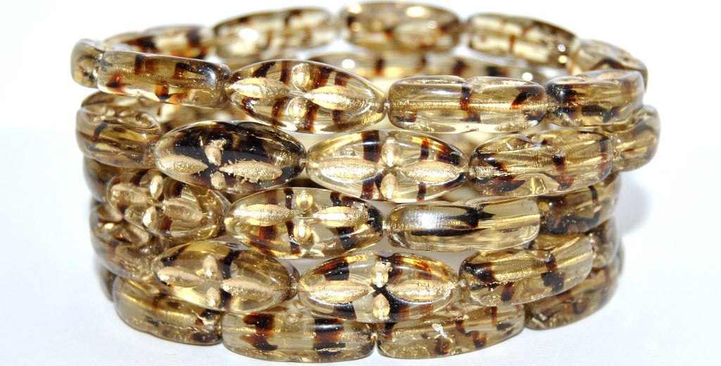 Boat Oval Pressed Glass Beads With Decor, (18016B 54202), Glass, Czech Republic