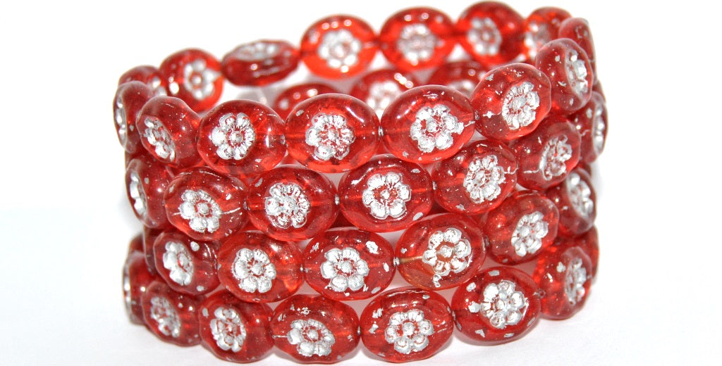 Oval Pressed Glass Beads With Flowers, Transparent Red 54201 (90060 54201), Glass, Czech Republic