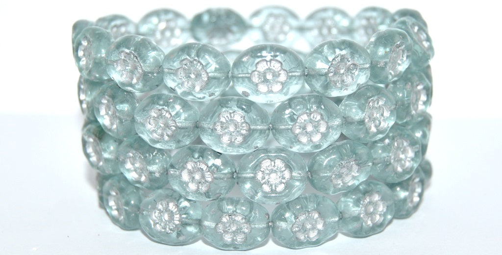Oval Pressed Glass Beads With Flowers, Transparent Blue 54201 (30010 54201), Glass, Czech Republic