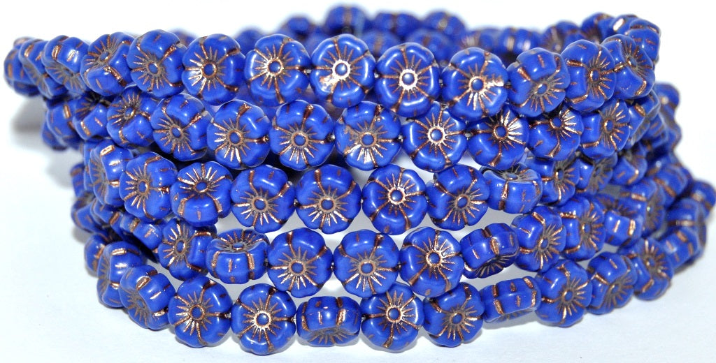 Hawaii Flower Pressed Glass Beads, Rich Blue 43805Metalic (33060 43805Metalic), Glass, Czech Republic