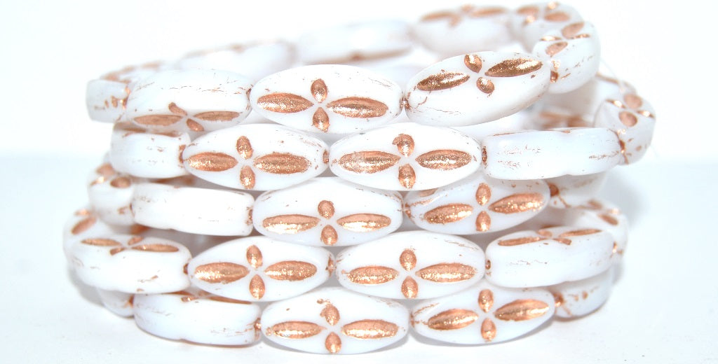 Boat Oval Pressed Glass Beads With Decor, White 54200 (2010 54200), Glass, Czech Republic