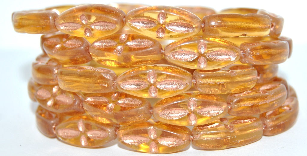 Boat Oval Pressed Glass Beads With Decor, Transparent Orange 54200 (10040 54200), Glass, Czech Republic