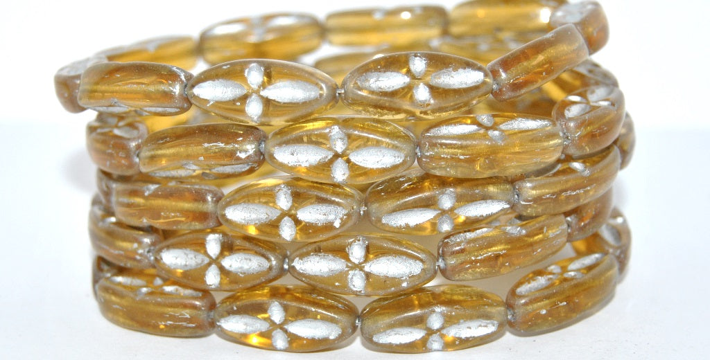 Boat Oval Pressed Glass Beads With Decor, Transparent Orange 54201 (10040 54201), Glass, Czech Republic