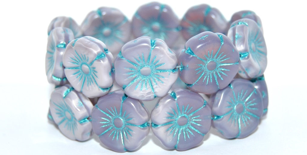 Hawaii Flower Pressed Glass Beads, Silky Lavender Light Blue Lined Metalic (21350-43811-METALIC), Glass, Czech Republic