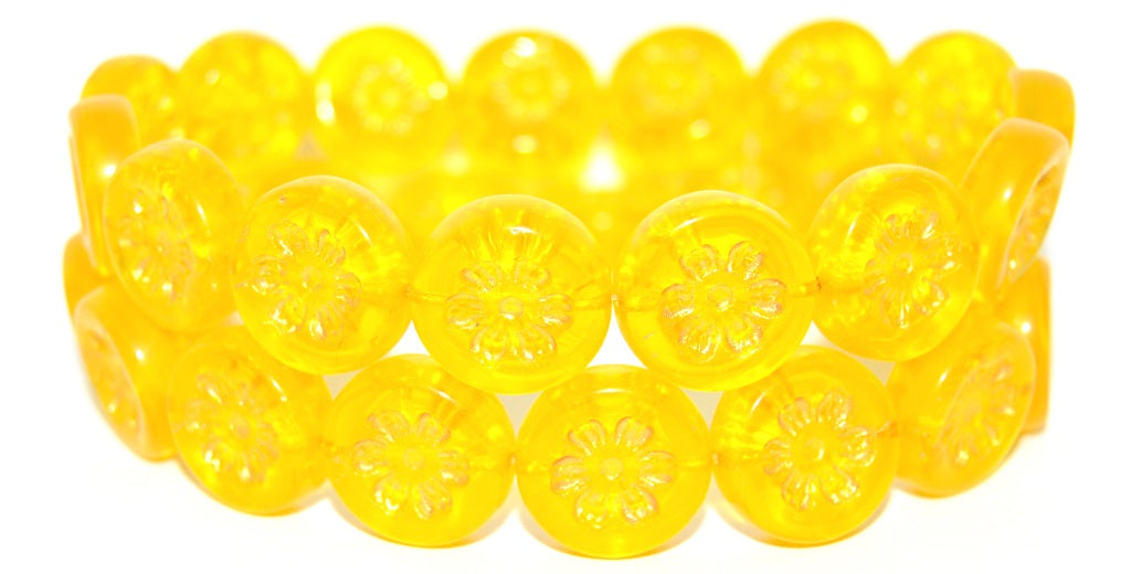 Round Flat With 6-Petal Flower Pressed Glass Beads, Transparent Yellow Glod Lined Metalic (80020-43804-METALIC), Glass, Czech Republic
