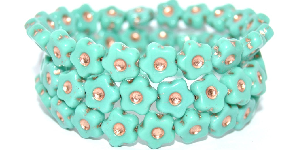 Simple Flower Pressed Glass Beads, Turquise Copper Lined (63140-54200), Glass, Czech Republic