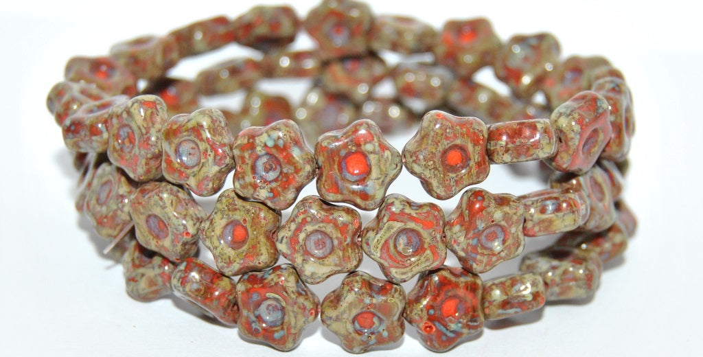 Simple Flower Pressed Glass Beads, Deep Orange Travertin (93140-86800), Glass, Czech Republic