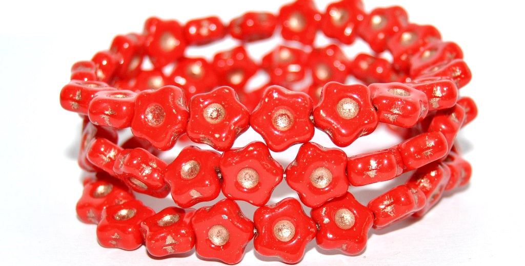Simple Flower Pressed Glass Beads, Opaque Red Copper Lined (93200-54200), Glass, Czech Republic