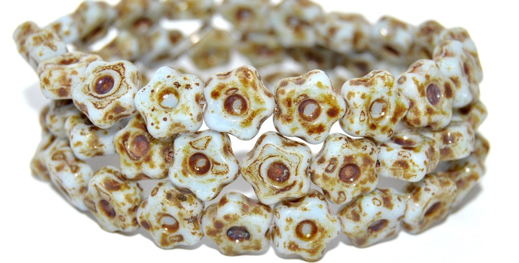 Simple Flower Pressed Glass Beads, Opaque Blue Travertin Mat (33100-86800-MAT), Glass, Czech Republic