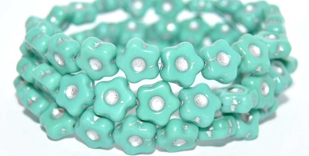 Simple Flower Pressed Glass Beads, Turquise Silver Lined (63140-54201), Glass, Czech Republic