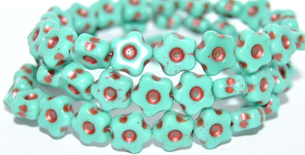 Simple Flower Pressed Glass Beads, Turquise Copper Lined Metalic (63140-43806-METALIC), Glass, Czech Republic