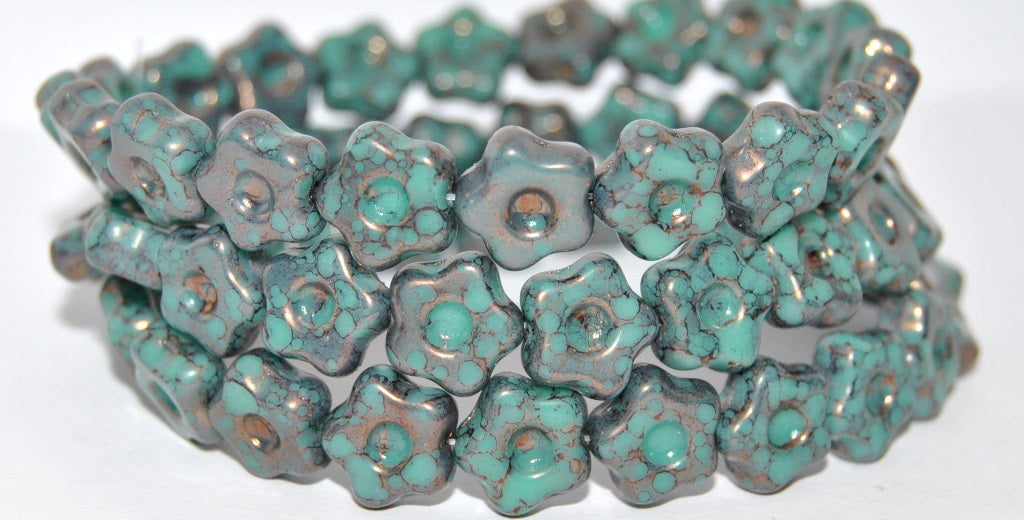 Simple Flower Pressed Glass Beads, Turquise 15415 (63140-15415), Glass, Czech Republic