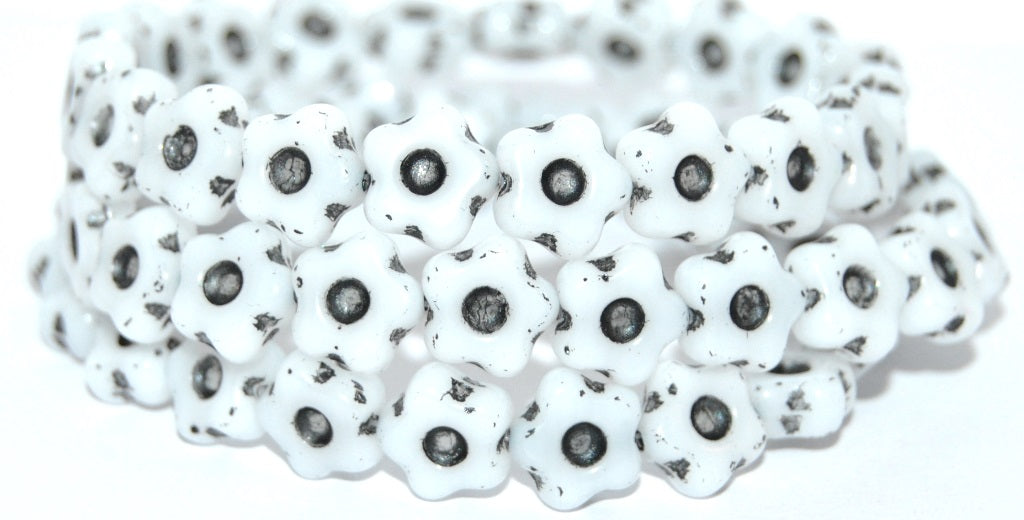 Simple Flower Pressed Glass Beads, White 43815 Metalic (02010-43815-METALIC), Glass, Czech Republic