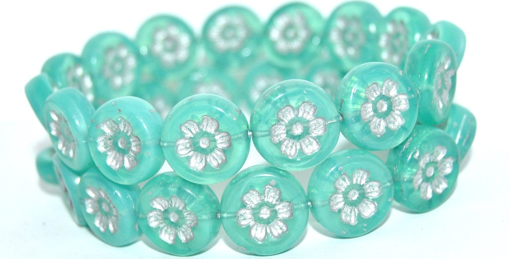 Round Flat With 6-Petal Flower Pressed Glass Beads, Opal Aqua Silver Lined Uranium (61100-54201-URANIUM), Glass, Czech Republic
