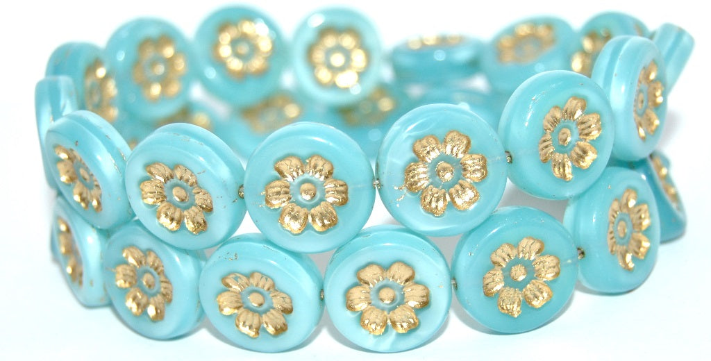 Round Flat With 6-Petal Flower Pressed Glass Beads, Opal Aqua Gold Lined (61300-54202), Glass, Czech Republic