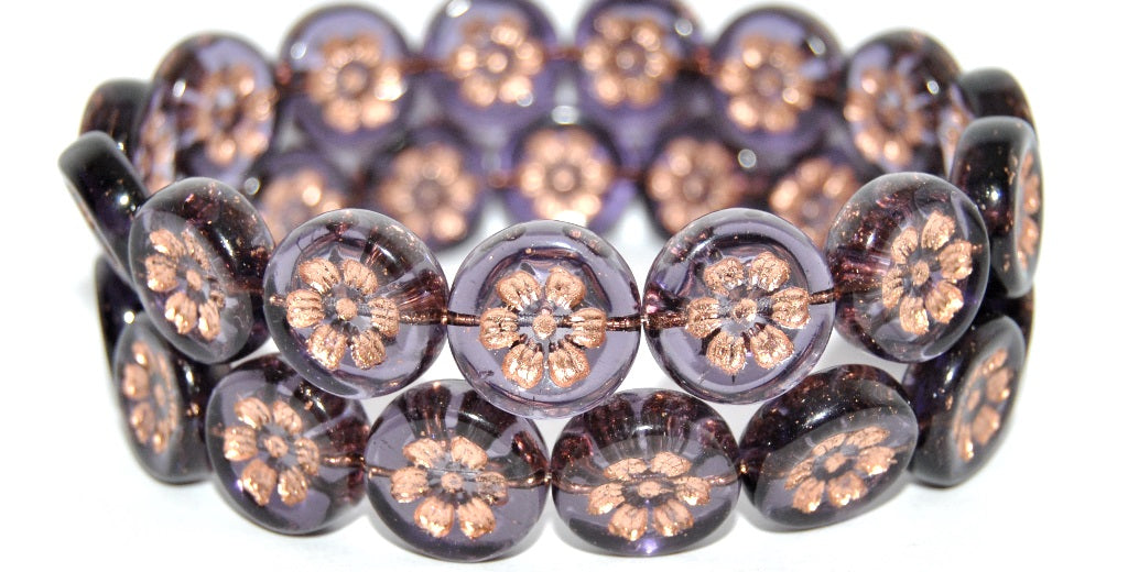 Round Flat With 6-Petal Flower Pressed Glass Beads, Transparent Light Amethyst Copper Lined (20500-54200), Glass, Czech Republic