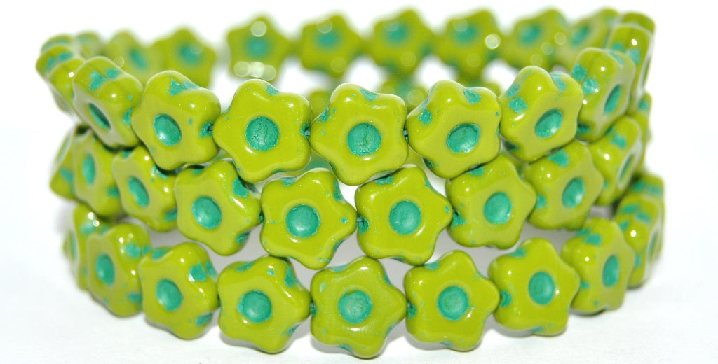 Simple Flower Pressed Glass Beads, Opaque Green Green Lined (53400-46450), Glass, Czech Republic