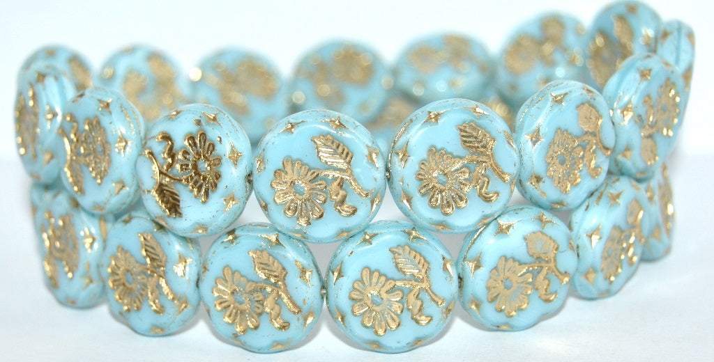 Round Flat With Flower Marguerite Pressed Glass Beads, 64010 Gold Lined (64010-54202), Glass, Czech Republic