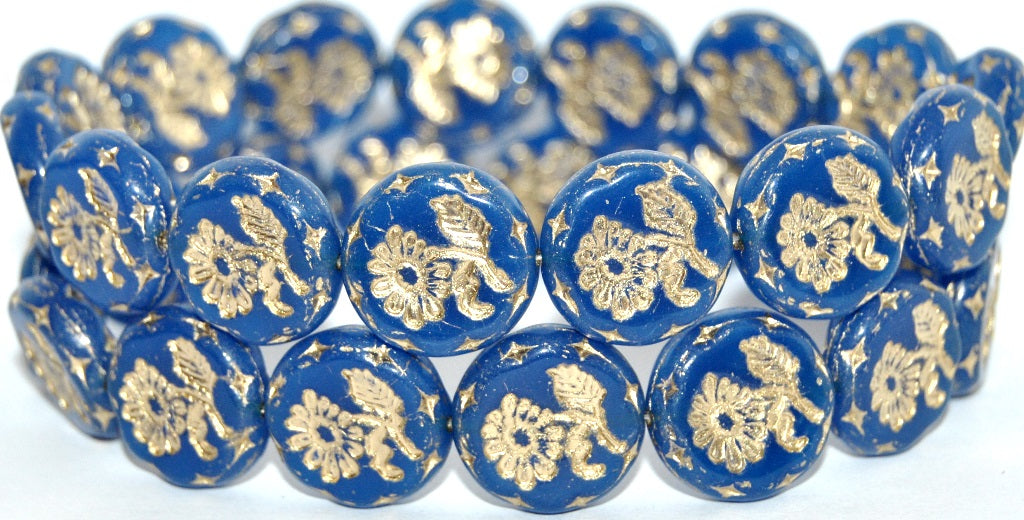Round Flat With Flower Marguerite Pressed Glass Beads, Blue Gold Lined (62010-54202), Glass, Czech Republic