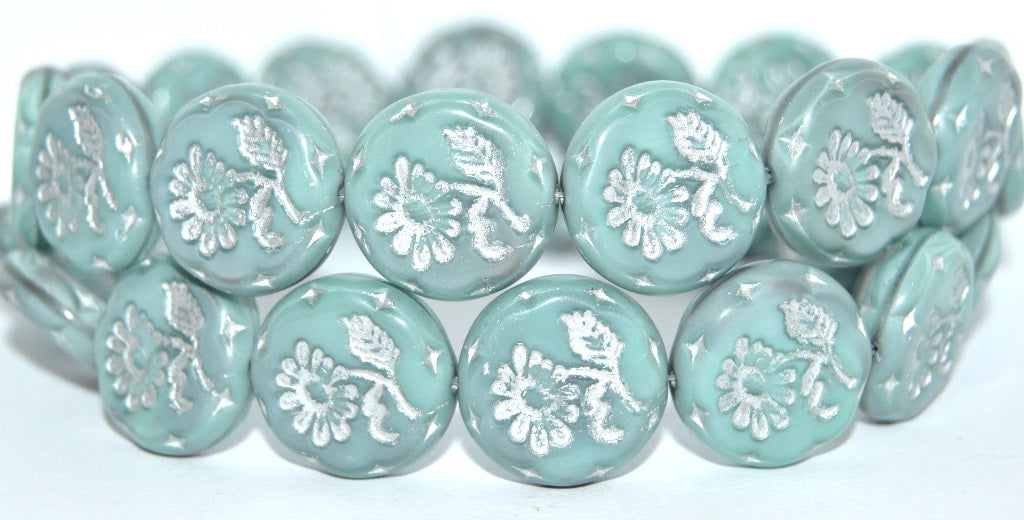 Round Flat With Flower Marguerite Pressed Glass Beads, Mix Gray Mint Silver Lined (47514-54201), Glass, Czech Republic