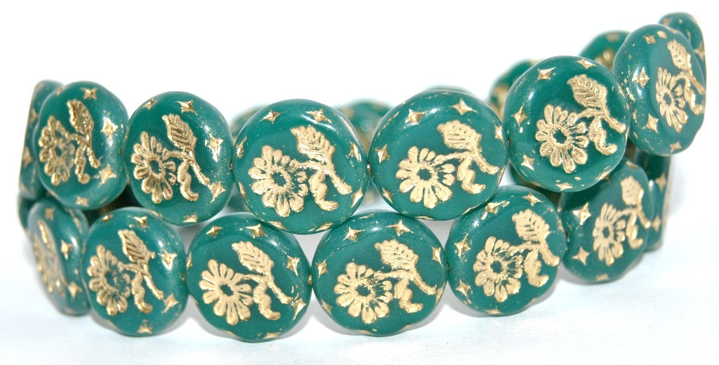 Round Flat With Flower Marguerite Pressed Glass Beads, Opal Emerald Gold Lined (52050-54202), Glass, Czech Republic