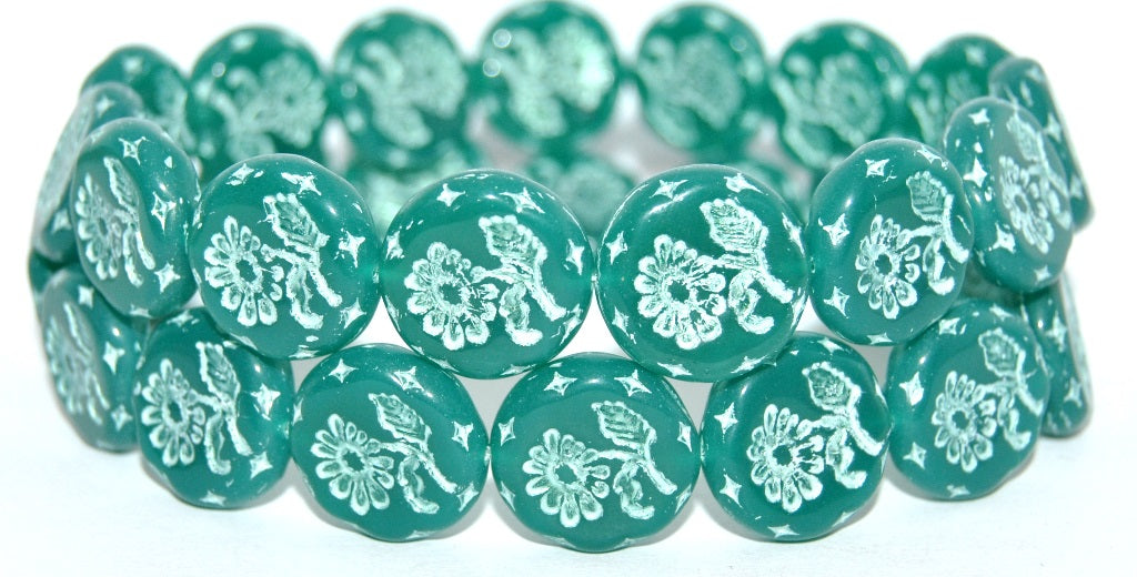 Round Flat With Flower Marguerite Pressed Glass Beads, Opal Emerald 43801 Metalic (52050-43801-METALIC), Glass, Czech Republic