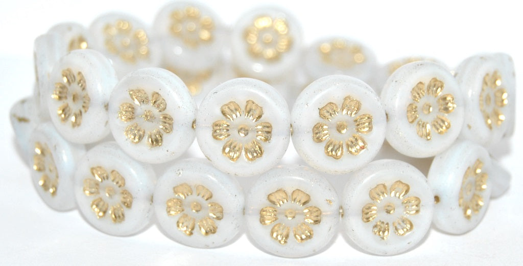 Round Flat With 6-Petal Flower Pressed Glass Beads, Opal White Gold Lined (01000-54202), Glass, Czech Republic