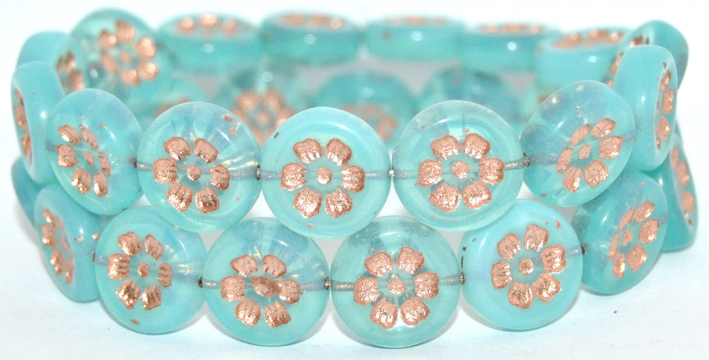 Round Flat With 6-Petal Flower Pressed Glass Beads, Opal Aqua Copper Lined (61010-54200), Glass, Czech Republic