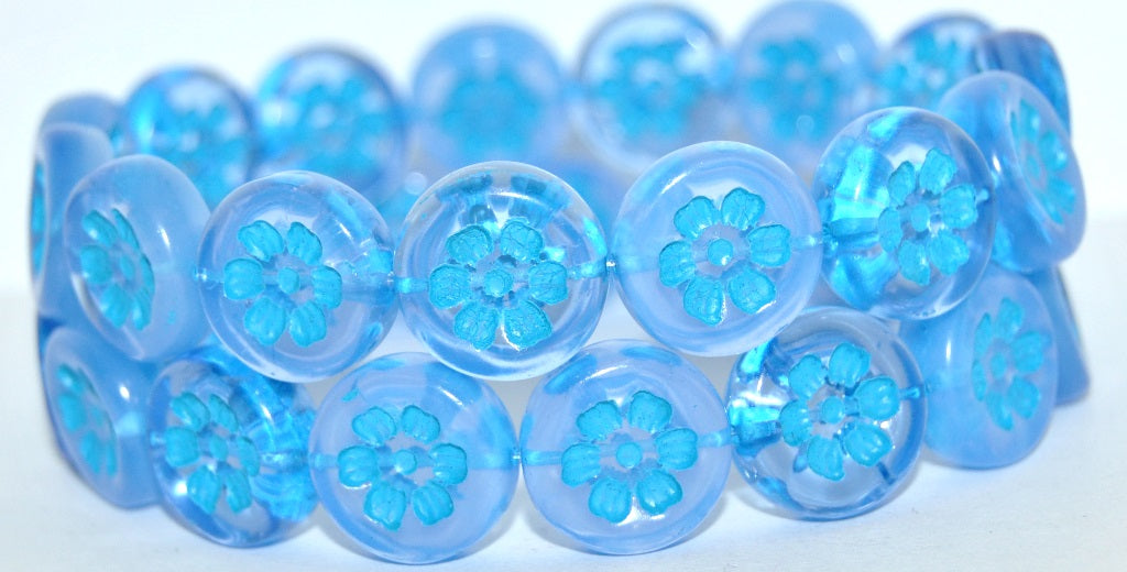 Round Flat With 6-Petal Flower Pressed Glass Beads, Mixed Colors Blue Opal Light Blue Lined (MIX-BLUE-OPAL-46460), Glass, Czech Republic