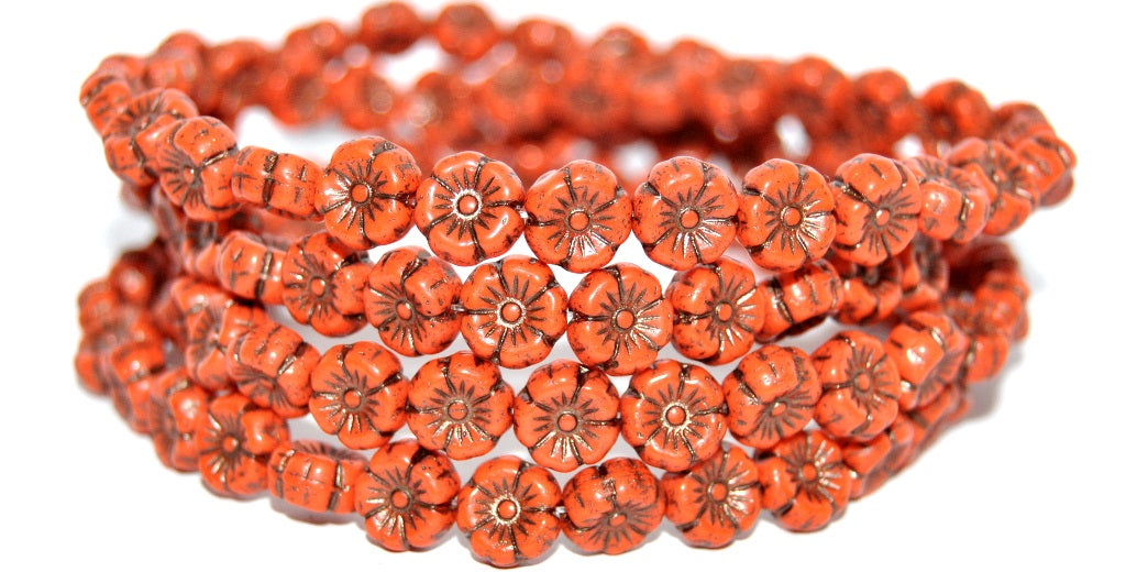 Hawaii Flower Pressed Glass Beads, Deep Orange 43816 Metalic (93140-43816-METALIC), Glass, Czech Republic