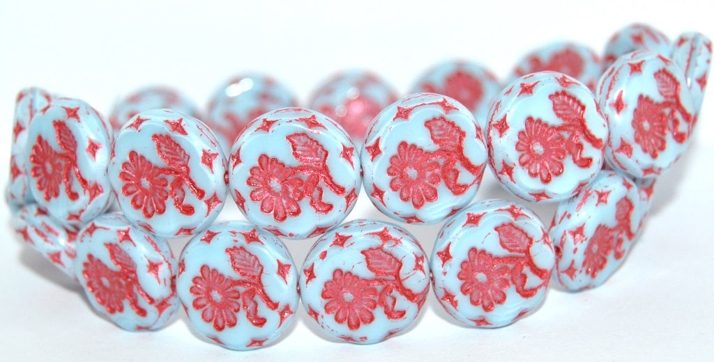 Round Flat With Flower Marguerite Pressed Glass Beads, 64010 Red Lined Metalic (64010-43808-METALIC), Glass, Czech Republic