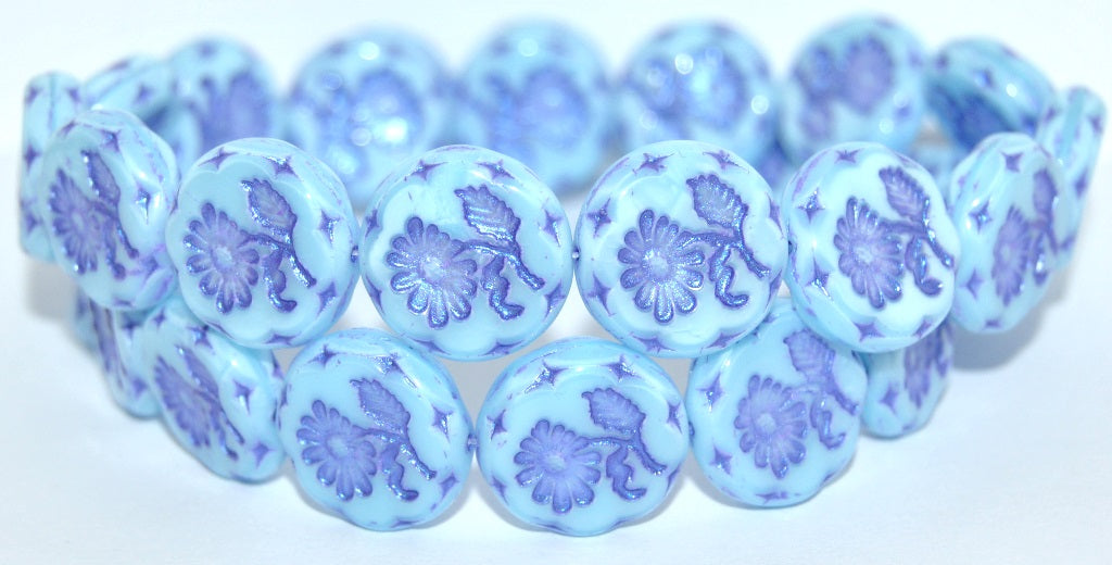 Round Flat With Flower Marguerite Pressed Glass Beads, 64010 Blue Purple Lined Metalic (64010-43809-METALIC), Glass, Czech Republic