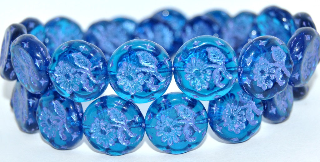 Round Flat With Flower Marguerite Pressed Glass Beads, Transparent Aqua Blue Purple Lined Metalic (60050-43809-METALIC), Glass, Czech Republic