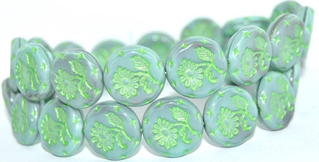 Round Flat With Flower Marguerite Pressed Glass Beads, Mix Gray Mint 43813 Metalic (47514-43813-METALIC), Glass, Czech Republic