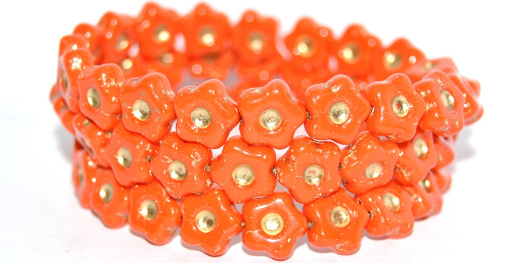 Simple Flower Pressed Glass Beads, Deep Orange Gold Lined (93140-54202), Glass, Czech Republic