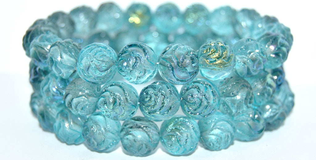 Round Rose Pressed Glass Beads, Blue Cold Ab (BLUE-COLD-AB), Glass, Czech Republic