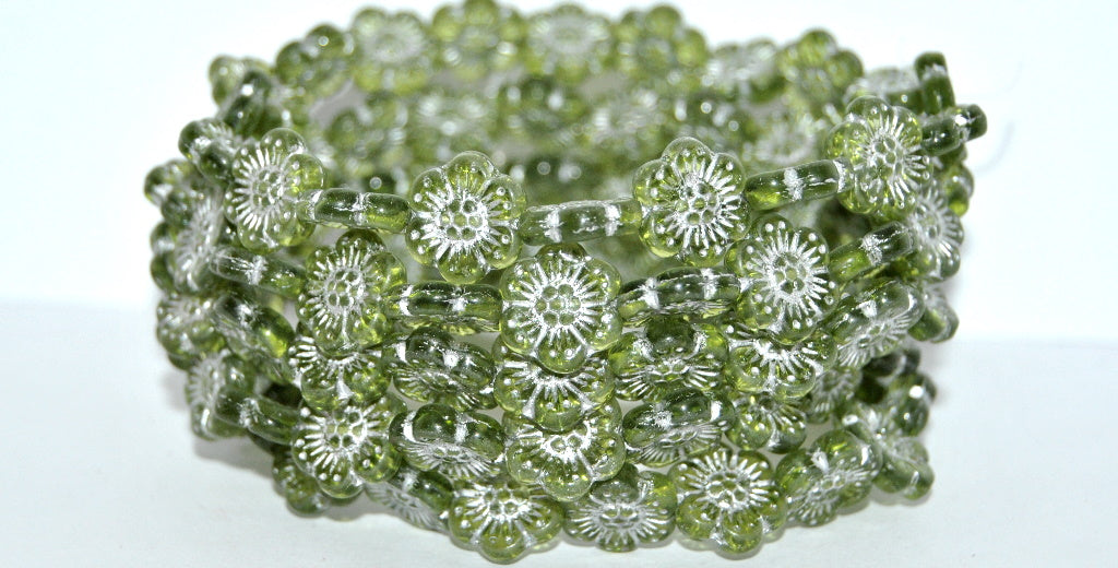 Flower Pressed Glass Beads, Opal Emerald Green Silver Lined (52040-54201), Glass, Czech Republic