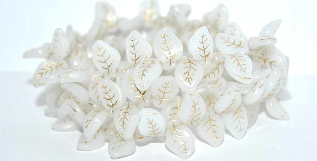 Ovate Leaf Pressed Glass Beads, Opal White Gold Lined (01000-54202), Glass, Czech Republic