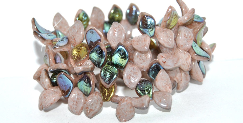 Ovate Leaf Pressed Glass Beads, White 34315 Cold Ab (02010-34315-COLD-AB), Glass, Czech Republic