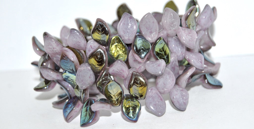 Ovate Leaf Pressed Glass Beads, White 34306 Cold Ab (02010-34306-COLD-AB), Glass, Czech Republic