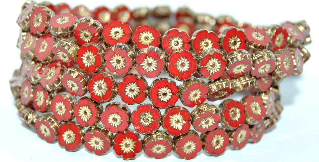 Table Cut Round Beads Hawaii Flowers, Opaque Red 86 Gold Lined (93200-86-54202), Glass, Czech Republic
