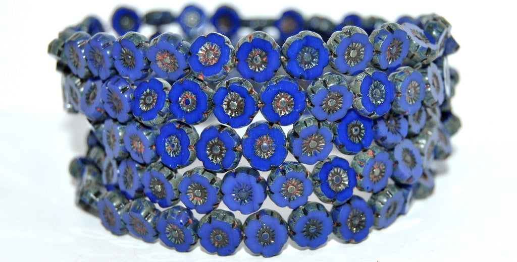 Table Cut Round Beads Hawaii Flowers, Rich Blue 86800B (33060-86800B), Glass, Czech Republic