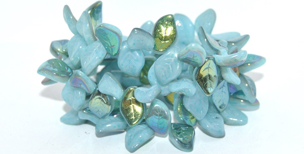 Ovate Leaf Pressed Glass Beads, White 34308 Cold Ab (02010-34308-COLD-AB), Glass, Czech Republic