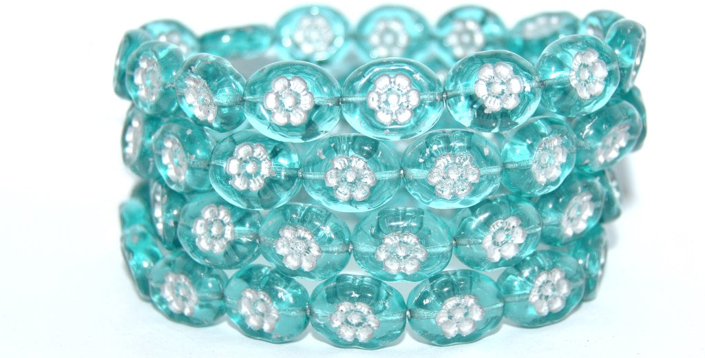 Oval Pressed Glass Beads With Flowers, Transparent Aqua Silver Lined (60110-54201), Glass, Czech Republic