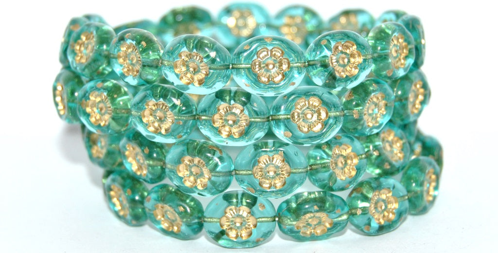 Oval Pressed Glass Beads With Flowers, Transparent Aqua Gold Lined (60110-54202), Glass, Czech Republic
