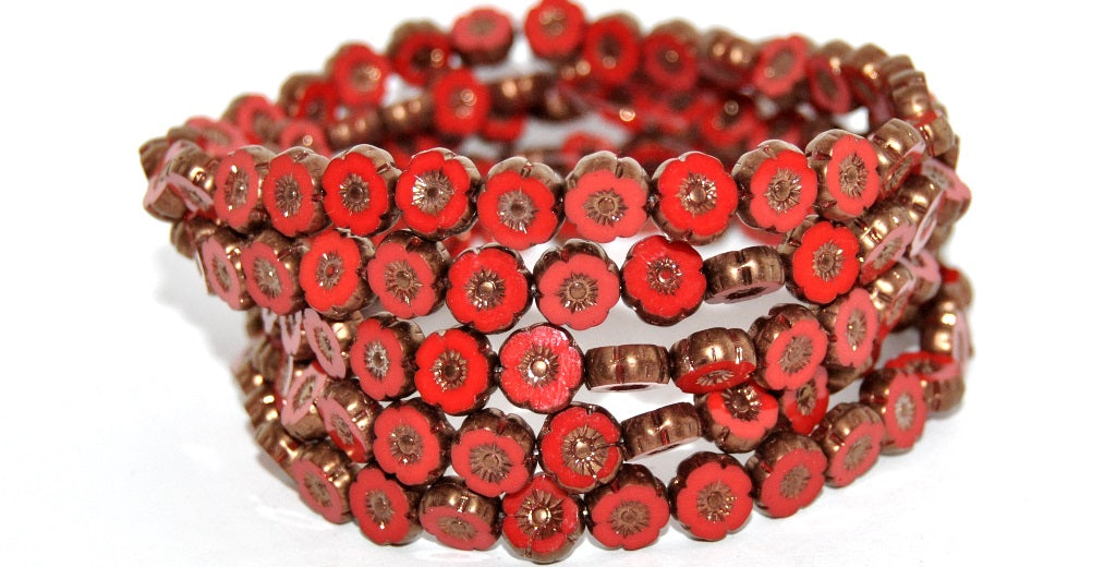 Table Cut Round Beads Hawaii Flowers, Opaque Red Bronze (93200B-14415), Glass, Czech Republic