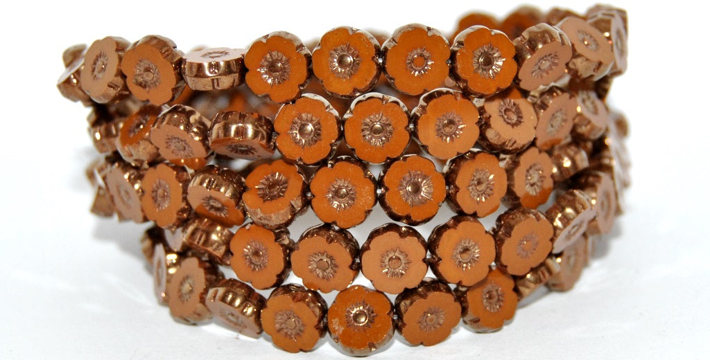 Table Cut Round Beads Hawaii Flowers, Opaque Brown Bronze (13600-14415), Glass, Czech Republic