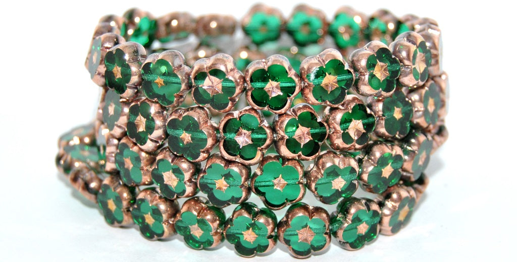 Table Cut Flower Beads, Transparent Green Emerald Rose Gold Capri (50720-27101), Glass, Czech Republic