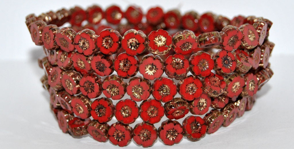 Table Cut Round Beads Hawaii Flowers, 9319200 86 Gold Lined (9319200-86-54202), Glass, Czech Republic